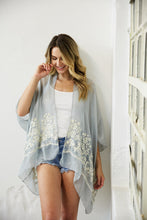 Load image into Gallery viewer, Breathable and versatile smoke floral kimono with intricate embroidery.
