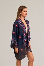 Load image into Gallery viewer, Breathable anemone navy kimono cardigan with floral embroidery.
