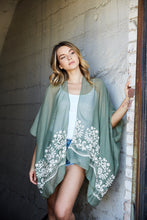 Load image into Gallery viewer, Breathable sage floral kimono cardigan with intricate embroidery.
