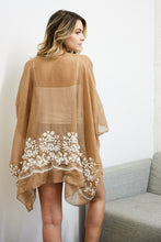 Load image into Gallery viewer, Chic embroidered mocha floral stitch kimono for versatile wear.
