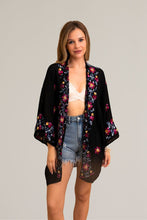 Load image into Gallery viewer, Chic ethereal anemone black kimono with sophisticated floral details.
