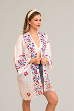 Load image into Gallery viewer, Chic floral embroidered white kimono for layering and style.
