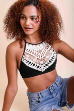 Load image into Gallery viewer, Crochet lace black bralette high neck halter style with detail.
