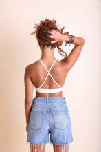 Load image into Gallery viewer, Crochet lace ivory bralette with high neck and halter style.
