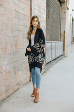 Load image into Gallery viewer, Elegant floral black kimono cardigan for comfortable layering.
