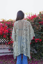 Load image into Gallery viewer, Elegant floral knit sage kimono for layering and comfort.
