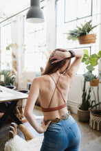 Load image into Gallery viewer, Feminine high neck crochet rust bralette with lace detail.

