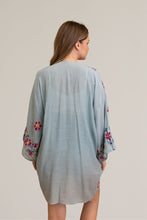 Load image into Gallery viewer, Floral embroidery sage kimono made from viscose and polyester blend.
