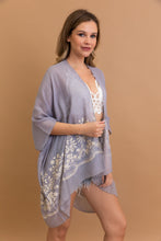 Load image into Gallery viewer, Floral patterned blue kimono with detailed embroidery and comfort.
