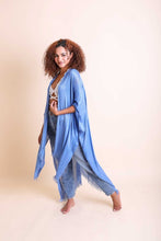 Load image into Gallery viewer, Frayed Trim Kimono Ponchos Blue
