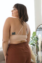 Load image into Gallery viewer, High neck crochet blush bralette with decorative cross-back straps.
