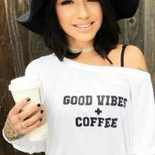 Load image into Gallery viewer, GOOD VIBES + COFFEE, Coffee Tshirt, Coffee Shirt, Good Vibes Tshirts, Good Vibes Tee, Coffee Tees
