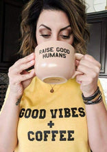 Load image into Gallery viewer, GOOD VIBES + COFFEE Yellow Gold Tee, Good Vibes, Good Vibes Only, Coffee tee, Coffee shirt, Coffee gifts, Coffee Tshirts
