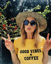 Load image into Gallery viewer, GOOD VIBES + COFFEE Yellow Gold Tee, Good Vibes, Good Vibes Only, Coffee tee, Coffee shirt, Coffee gifts, Coffee Tshirts
