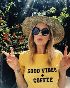 GOOD VIBES + COFFEE Yellow Gold Tee, Good Vibes, Good Vibes Only, Coffee tee, Coffee shirt, Coffee gifts, Coffee Tshirts