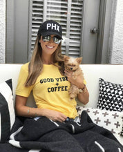 Load image into Gallery viewer, GOOD VIBES + COFFEE Yellow Gold Tee, Good Vibes, Good Vibes Only, Coffee tee, Coffee shirt, Coffee gifts, Coffee Tshirts
