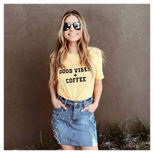 Load image into Gallery viewer, GOOD VIBES + COFFEE Yellow Gold Tee, Good Vibes, Good Vibes Only, Coffee tee, Coffee shirt, Coffee gifts, Coffee Tshirts
