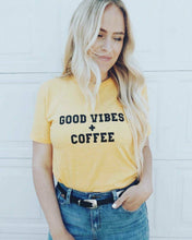 Load image into Gallery viewer, GOOD VIBES + COFFEE Yellow Gold Tee, Good Vibes, Good Vibes Only, Coffee tee, Coffee shirt, Coffee gifts, Coffee Tshirts
