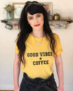 GOOD VIBES + COFFEE Yellow Gold Tee, Good Vibes, Good Vibes Only, Coffee tee, Coffee shirt, Coffee gifts, Coffee Tshirts