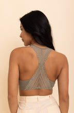 Load image into Gallery viewer, Lacey racerback seamless sage bralette with soft and stretchy lace design.
