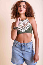 Load image into Gallery viewer, Lightweight crochet lace olive bralette plus size high neck.
