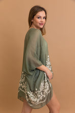 Load image into Gallery viewer, Lightweight floral embroidered sage kimono with detailed stitching.

