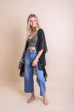 Load image into Gallery viewer, Lightweight floral stitch black kimono designed for all-day comfort.
