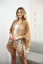 Load image into Gallery viewer, Lightweight mocha floral kimono with imported quality and detailed stitching.
