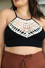 Load image into Gallery viewer, Lightweight plus size crochet lace halter black bralette.
