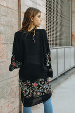 Load image into Gallery viewer, Long floral black kimono cardigan suitable for casual and formal wear.
