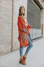Load image into Gallery viewer, Long rust floral kimono cardigan with lightweight elegant design.
