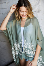 Load image into Gallery viewer, One size fits most floral sage embroidered kimono with open-front design.
