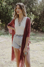 Load image into Gallery viewer, Pencil Stripe Lurex Trim Kimono Kimonos Plum
