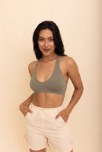 Load image into Gallery viewer, Racerback lace sage bralette with seamless and wireless comfort.
