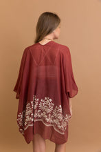 Load image into Gallery viewer, Rosewood floral embroidered kimono crafted with viscose and polyester.
