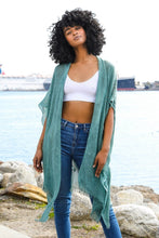 Load image into Gallery viewer, Sequin Border Frayed Kimono Teal
