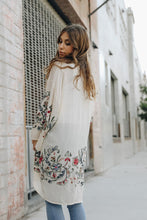 Load image into Gallery viewer, Sophisticated long floral white kimono cardigan for versatile styling.
