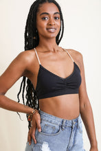 Load image into Gallery viewer, Spring floral black bralette with lattice detailing.
