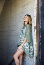 Load image into Gallery viewer, Stylish and elegant embroidered sage floral kimono wrap.
