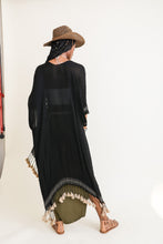 Load image into Gallery viewer, Stylish lightweight tassel edge longline black kimono, perfect for everyday wear.
