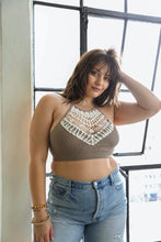 Load image into Gallery viewer, Stylish plus size high neck mocha crochet bralette with lace detail.
