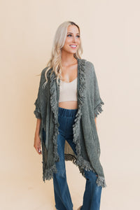 Sun Bleached Fringe Ruffle Kimono Kimonos One Size / Olive