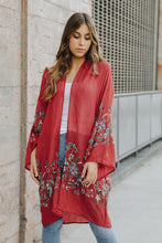 Load image into Gallery viewer, Trendy long floral plum kimono cardigan for layering and style.
